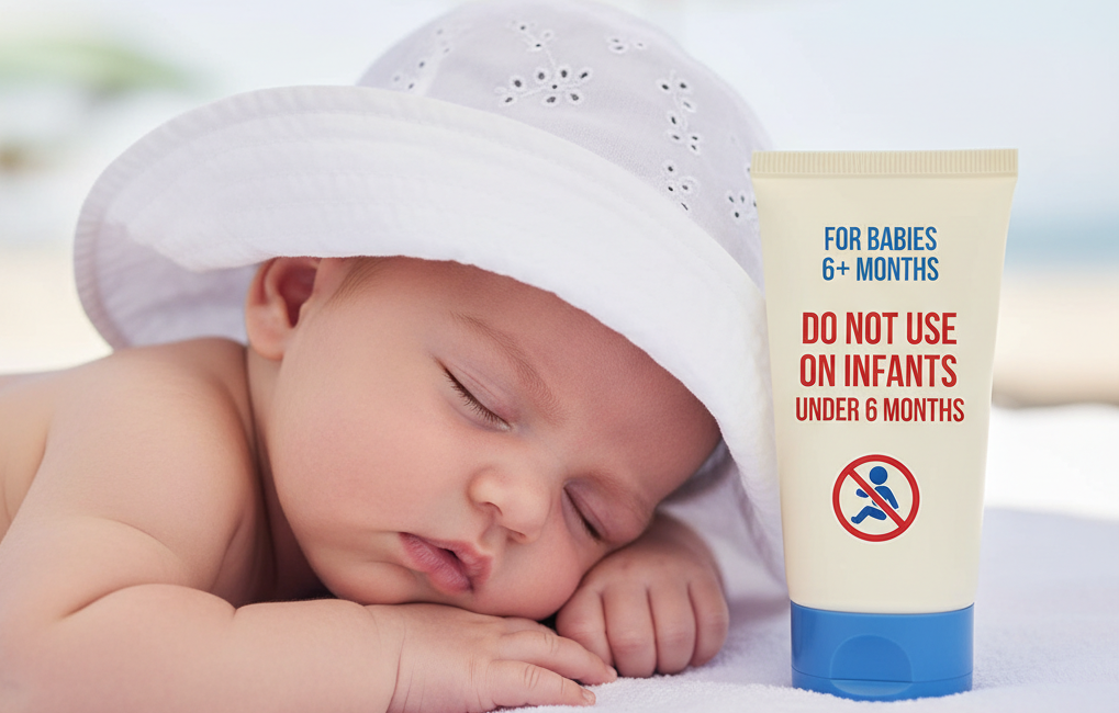 Babys unter 6 Monaten dürfen keine Sonnenschutzmittel verwenden.